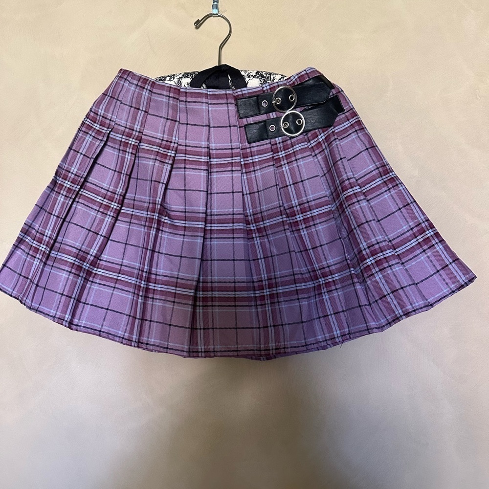 Purple Plaid Pleaded School Girl Mini Skirt Plum with Mock Belt Y2K . NWT